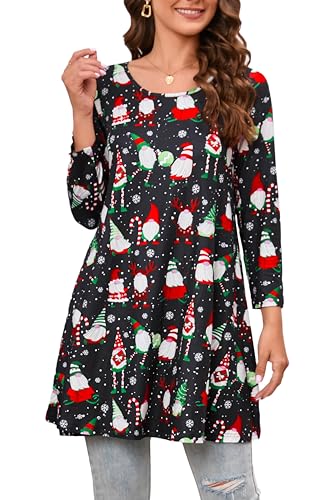 Enmain Weihnachts Tunika Damen Langarm Schwarz Oberteil Weihnachten 3/4 Ärmel Große Größen Tunika Bluse Weihnachtsbluse Lustig Longshirt Damen Lässig für Leggings Weihnachtsmotiv T-Shirts L von Enmain