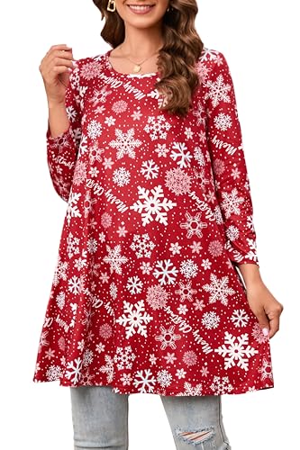 Enmain Weihnachts Tunika Damen mit langen Ärmeln Schneeflocken Übergröße lang geschnittene Bluse mit 3/4-Ärmeln Tunika lockerer Passform Rundhalsausschnitt bequeme festliche Urlaubs,Weihnachts rot,2XL von Enmain