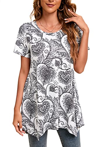 Enmain Tunika Damen Sommer Kurzarm Longshirt Locker Große Größen 3/4 Ärmel Bluse Tuniken Top Longbluse Oberteil Mit Aufdruck Für Lässig Festliche,Weiß,XL von Enmain