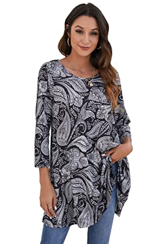 Enmain Damen Tunika Langarm Große Größen Elegant Blusen Tuniken Für Frauen Weihnachten Festliche Bluse Long Paisley Oberteil Shirt,Schwarz & Weiß,L von Enmain