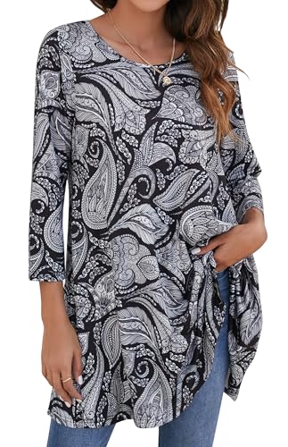 Enmain Damen Tunika Langarm Große Größen Elegant Blusen Tuniken Für Frauen Weihnachten Festliche Bluse Long Paisley Oberteil Shirt,Schwarz & Weiß,XXL von Enmain