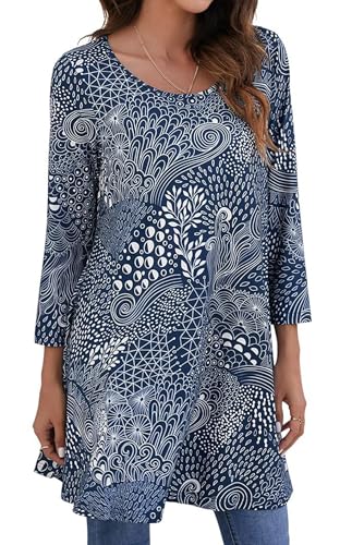 Enmain Tunika Damen Langarm Sommer Locker Tuniken Große Größen 3/4 Ärmel Bluse Top Longbluse Oberteil Mit Aufdruck Für Lässig Festliche,Navy Blau,L von Enmain