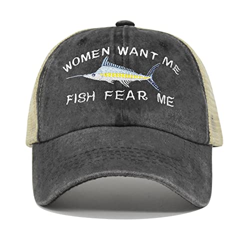 Enodtter Damen Baseballkappe, Mesh-Women Want Me Fish Fear Me-Washed Black, Einheitsgröße von Enodtter