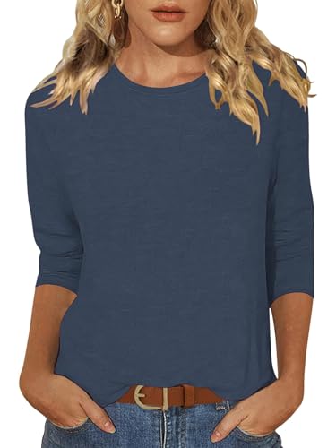 Enqoole Damen Shirt 3/4 Arm Uboot Ausschnitt T-Shirt Herbst Slim Fit Oberteil Casual Basic Tshirt Dunkelblau M von Enqoole