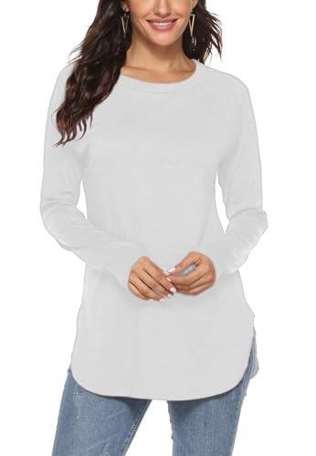 Enqoole Longshirt Damen für Leggings Langarm Basic Oberteile Baumwolle Lockere Shirt Casual Tunika Tops Weiß M von Enqoole