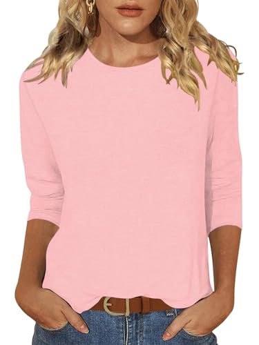 Enqoole Oberteile Damen Sommer 3/4 Arm Shirt Elegant Business Casual Bluse Locker Basic T Shirt Rosa XXL von Enqoole
