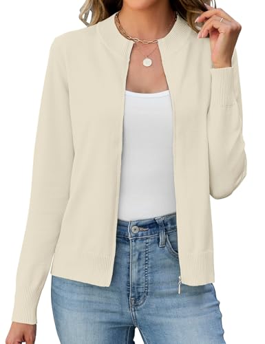 Enqoole Sweatjacke Damen Ohne Kapuze Elegant Langarm Strickjacke Cardigan Lässige Leicht Strickmante Reißverschluss Strickpullover Beige L von Enqoole