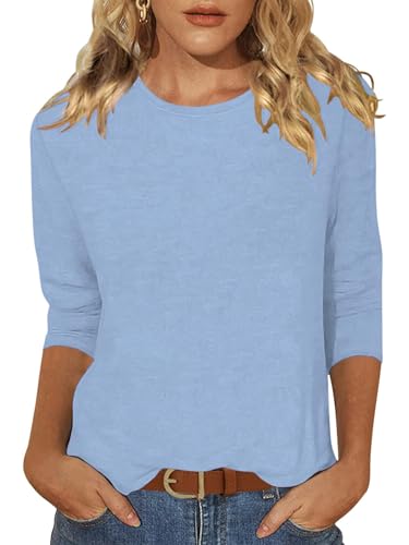 Enqoole T Shirt Damen Baumwolle 3/4 Arm Shirt Herbst Pullover Baumwolle Basic Oberteile Blau M von Enqoole
