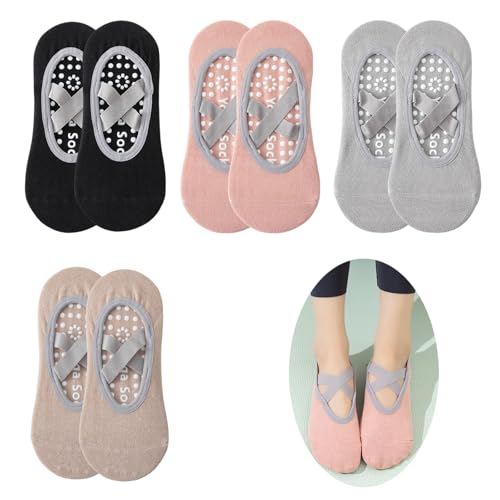 Enreluya Yoga Socken (4 Paar), Größe 35-38 Rutschfeste Socken Sport für Yoga, Extra sichere Anti-Rutsch, Für Damen Pilates, Barre, Tanz, Ballett, Schwarz+Rosa+Grau+Kaffee von Enreluya