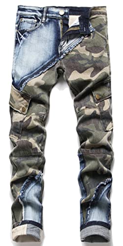 Enrica Herren Ripped Straight Slim Moto Biker Jeans, Blau Camo 3132, 54 von Enrica