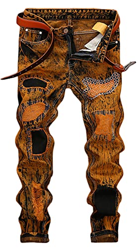 Enrica Herren Straight Slim Fit Ripped Distressed Jeans mit Patches Hose - Gold - 48 von Enrica