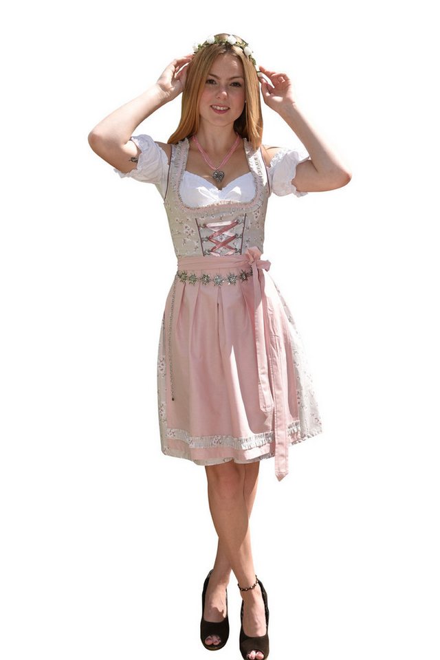 Entari Dirndl Trachtenkleid 502GT Grau Rosa Geblümt (3tlg) Geblümt von Entari