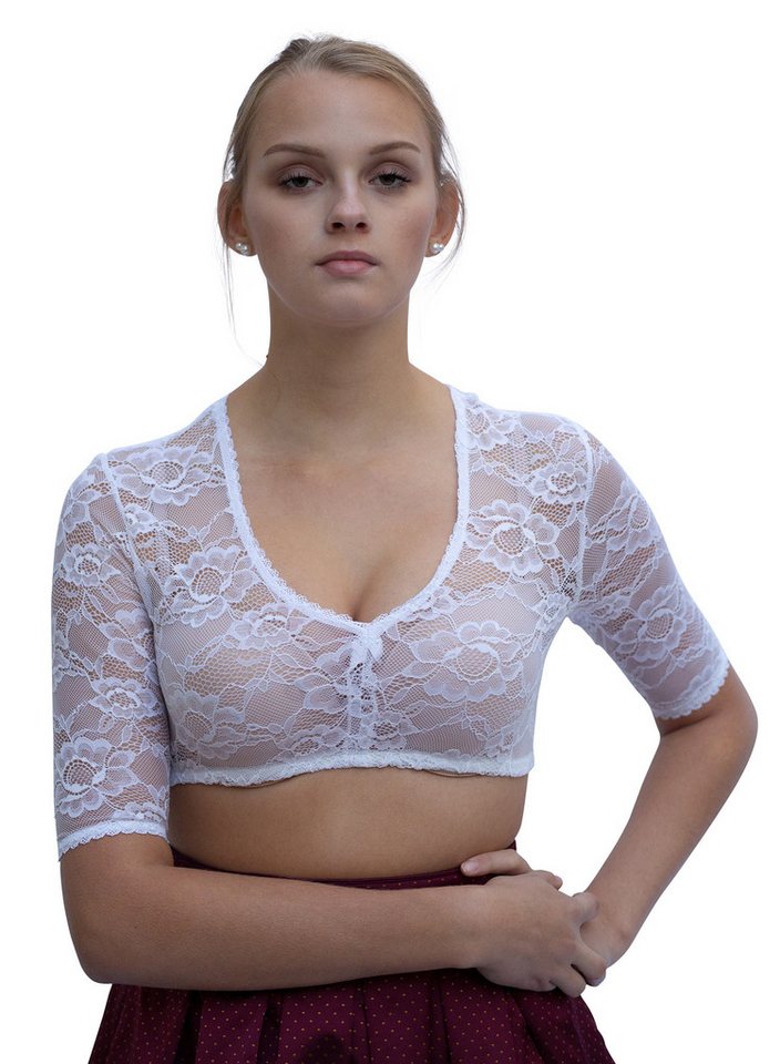 Entari Dirndlbluse B-11GT Trachtenbluse aus Spitze V-Kragen halbärmeliges in weiß (1tlg) von Entari