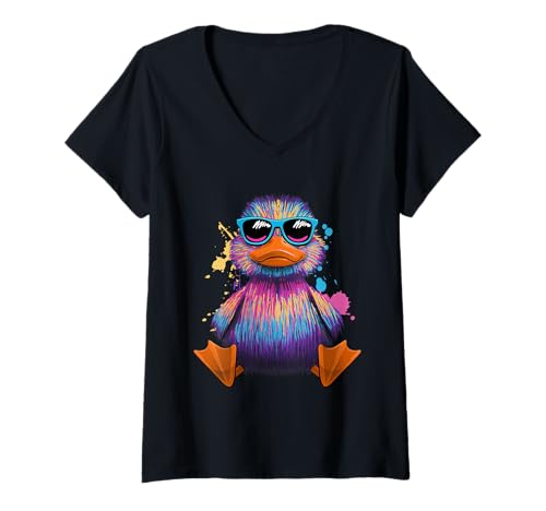 Damen Quietscheente Ententeich Farbenfrohe Ente T-Shirt mit V-Ausschnitt Damen Quietscheente Ententeich Farbenfrohe Ente T-Shirt mit V-Ausschnitt von Entchen Entenschnabel Coole Enten Motiv