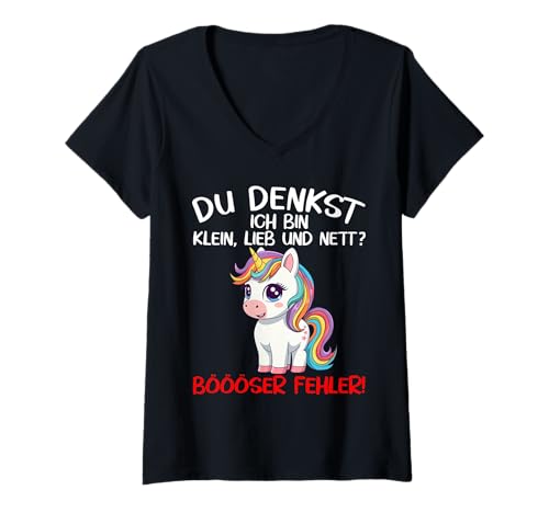 Damen Lustiges Einhorn Du Denkst Ich Bin Klein Lieb Nett Spruch T-Shirt mit V-Ausschnitt von Entdecke Witzige Tier Designs & Sprüche