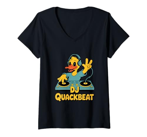 Damen DJ Quackbeat Ente Party Club Musik Rave Beats T-Shirt mit V-Ausschnitt Damen DJ Quackbeat Ente Party Club Musik Rave Beats T-Shirt mit V-Ausschnitt von Enten DJ Club Musik Rave Party Kopfhörer