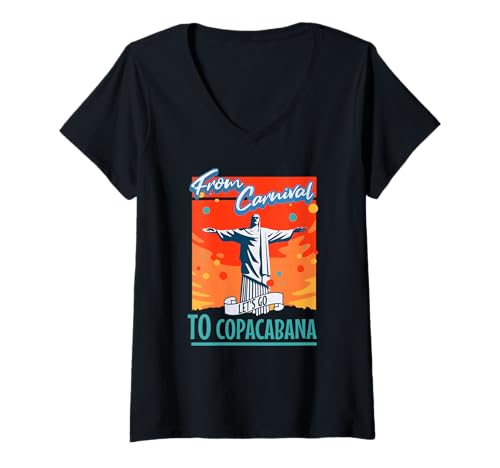 Damen Vom Karneval nach Copacabana Rio Reise Feier T-Shirt mit V-Ausschnitt Damen Vom Karneval nach Copacabana Rio Reise Feier T-Shirt mit V-Ausschnitt von Enthusiasten der Lebendigen Brasilianischen Kultur