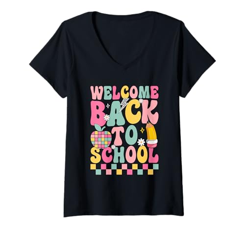 Damen Welcome Back to School Buntstift T-Shirt mit V-Ausschnitt Damen Welcome Back to School Buntstift T-Shirt mit V-Ausschnitt von Enthusiastic Learner
