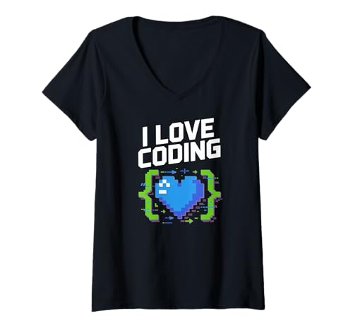 Damen Ich liebe es, Heart Pixels Code zu codieren T-Shirt mit V-Ausschnitt Damen Ich liebe es, Heart Pixels Code zu codieren T-Shirt mit V-Ausschnitt von Enthusiastic Tech Coding Programmer