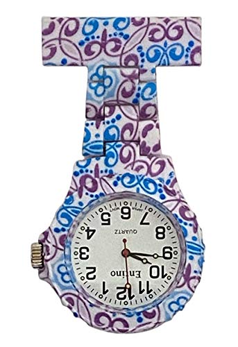 Entino Rubberized Kunststoff Krankenschwester FOB Uhr Brosche für Ärzte, Krankenschwestern und Sanitäter, Analog, Japanisches Quarzwerk (Blumen Drucken) von Entino
