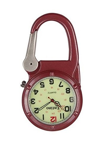 Entino Unisex-Taschenuhr Luminous Face Robustes analoges Quarzwerk mit Silberclip auf rotem Karabiner von Entino
