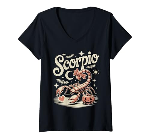 Damen Skorpion- und Spinnentierliebhaber Gruselige Halloween-Nacht T-Shirt mit V-Ausschnitt Damen Skorpion- und Spinnentierliebhaber Gruselige Halloween-Nacht T-Shirt mit V-Ausschnitt von Entomologie Wildbiologen Halloween Grafik