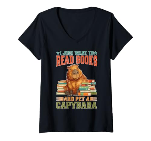 Damen I Just Want to Read Books and Pet A Capybara T-Shirt mit V-Ausschnitt Damen I Just Want to Read Books and Pet A Capybara T-Shirt mit V-Ausschnitt von Entspannende Tierkuscheln und Lesen