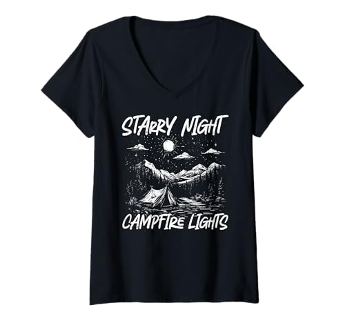 Damen Sternenhimmel, Lagerfeuerlichter, Malerisches Camping T-Shirt mit V-Ausschnitt Damen Sternenhimmel, Lagerfeuerlichter, Malerisches Camping T-Shirt mit V-Ausschnitt von Entspannendes Outdoor-camping Zur