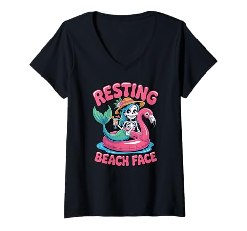 Damen Ruhender Strand Gesicht Skelett Meerjungfrau Pool Flamingo T-Shirt mit V-Ausschnitt Damen Ruhender Strand Gesicht Skelett Meerjungfrau Pool Flamingo T-Shirt mit V-Ausschnitt von Entspannendes Skelett Meerjungfrau Flamingo Humor
