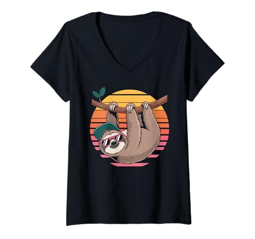 Damen Faultier Mit Sonnenbrille Im Retro Look T-Shirt mit V-Ausschnitt Damen Faultier Mit Sonnenbrille Im Retro Look T-Shirt mit V-Ausschnitt von Entspannte Faultiere Sonnenbrille Retro