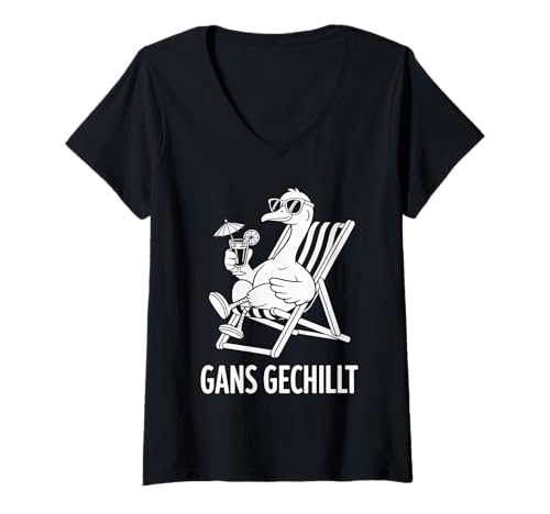 Damen Gans Gechillt Entspannter Sommerstil T-Shirt mit V-Ausschnitt Damen Gans Gechillt Entspannter Sommerstil T-Shirt mit V-Ausschnitt von Entspannung Urlaub Sommer Strand Gans