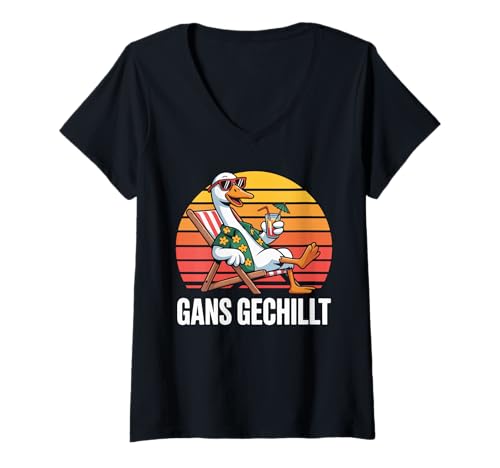 Damen Gans Gechillt Entspannter Sommerstil T-Shirt mit V-Ausschnitt Damen Gans Gechillt Entspannter Sommerstil T-Shirt mit V-Ausschnitt von Entspannung Urlaub Sommer Strand Gans