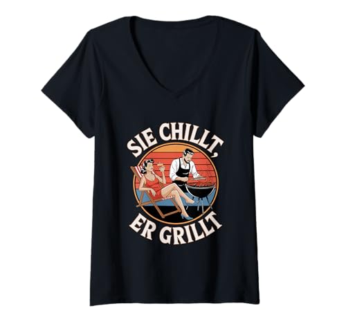 Damen Sie Chilled Er Grillt Retro Vintage Fun T-Shirt mit V-Ausschnitt Damen Sie Chilled Er Grillt Retro Vintage Fun T-Shirt mit V-Ausschnitt von Entspannungsgrillpaare Retro Vibes