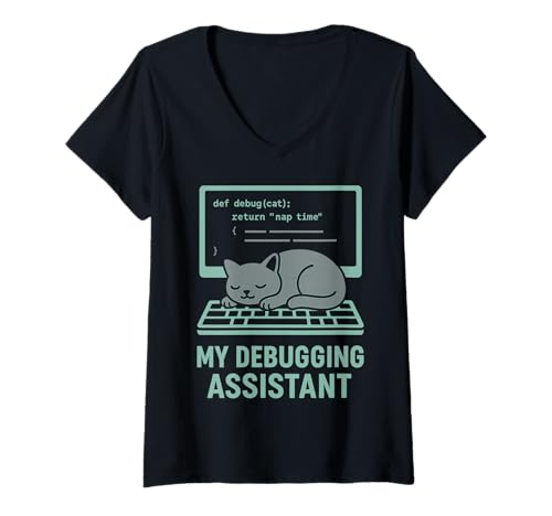 Damen My Debugging Assistant Katze Nap Time T-Shirt mit V-Ausschnitt Damen My Debugging Assistant Katze Nap Time T-Shirt mit V-Ausschnitt von Entwickler Katze Programmieren Code Humor