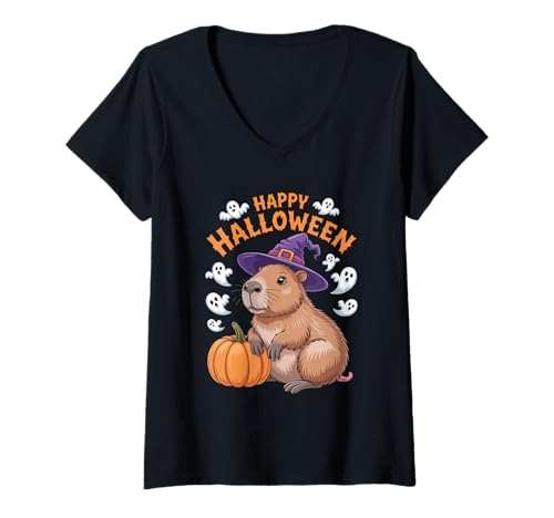 Damen Happy Halloween Capybara Mit Kürbis T-Shirt mit V-Ausschnitt Damen Happy Halloween Capybara Mit Kürbis T-Shirt mit V-Ausschnitt von Entzückende Capybara Halloween Freude