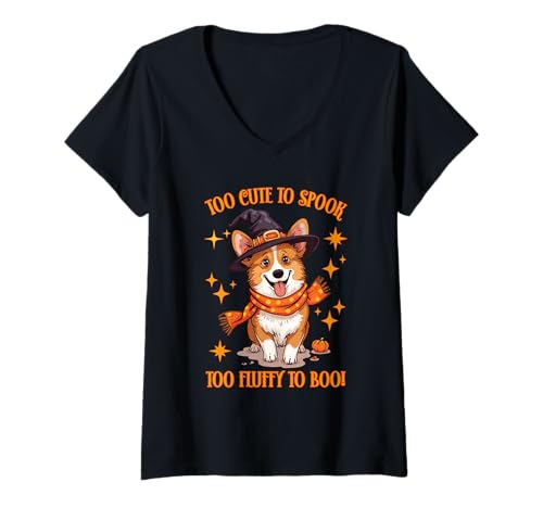Damen Halloween to-Cute-to-Spook-zu-Fluffy-to-Boo-Corgi-Liebhaber T-Shirt mit V-Ausschnitt Damen Halloween to-Cute-to-Spook-zu-Fluffy-to-Boo-Corgi-Liebhaber T-Shirt mit V-Ausschnitt von Entzückende Halloween Corgi Mama Dad Design
