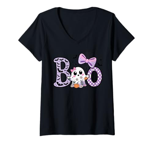 Damen Süße Kawaii Boo Ghost Pumpkins Fledermäuse Halloween T-Shirt mit V-Ausschnitt Damen Süße Kawaii Boo Ghost Pumpkins Fledermäuse Halloween T-Shirt mit V-Ausschnitt von Entzückende gruselige Kawaii Halloween