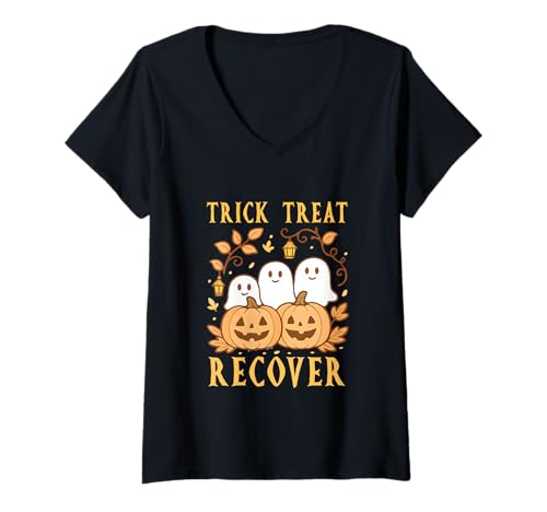 Damen Trick Treat Recover Niedlicher Geisterkürbis Halloween-Liebh T-Shirt mit V-Ausschnitt Damen Trick Treat Recover Niedlicher Geisterkürbis Halloween-Liebh T-Shirt mit V-Ausschnitt von Entzückendes Geisterkürbis-Herbst-Halloween-Design
