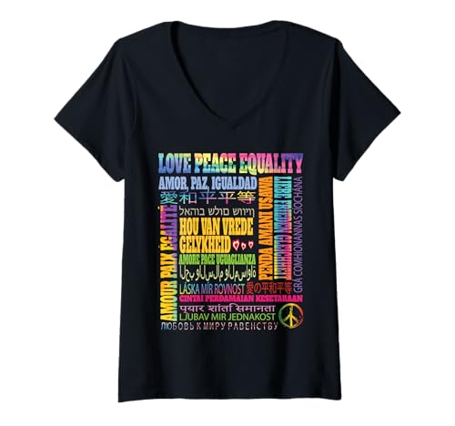 Damen Love Peace Gleichheit Satz in verschiedenen Sprachen Heilung T-Shirt mit V-Ausschnitt Damen Love Peace Gleichheit Satz in verschiedenen Sprachen Heilung T-Shirt mit V-Ausschnitt von Envision Styles Peace Harmony Love Design