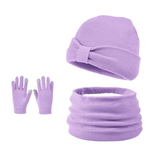 3 Stück Kinder Wintermützen Handschuhe Schal Set Beanie Mütze Knoten-Bogen Warme Gestrickte Touchscreen-Handschuhe Loop Schlauchschal für Jungen Mädchen 3-8 Jahre Outdoor Aktivitäten (Hellviolett) von Enwokran