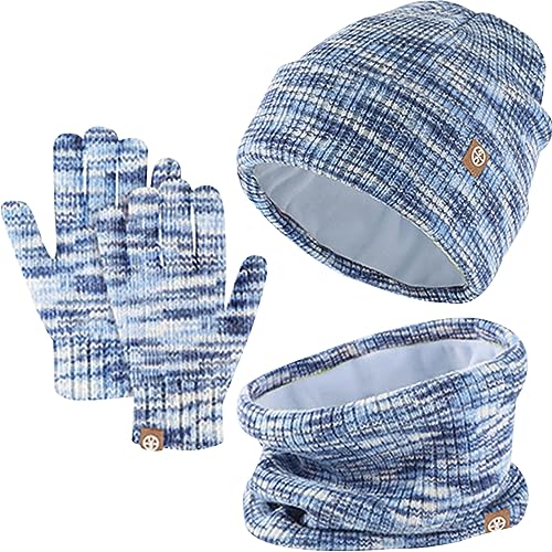 3 Stück Kinder Wintermützen Handschuhe Schal Set Beanie Mütze Warme Gestrickte Touchscreen-Handschuhe Loop WinterSchlauchschal für Jungen Mädchen 5-12 Jahre Outdoor Aktivitäten (Blau-Mischung) von Enwokran