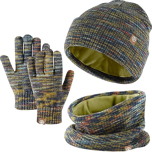 3 Stück Kinder Wintermützen Handschuhe Schal Set Beanie Mütze Warme Gestrickte Touchscreen-Handschuhe Loop WinterSchlauchschal für Jungen Mädchen 5-12 Jahre Outdoor Aktivitäten (Grün-Mischung) von Enwokran