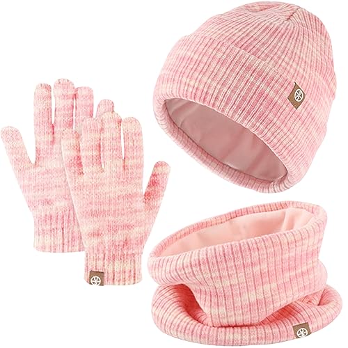 3 Stück Kinder Wintermützen Handschuhe Schal Set Beanie Mütze Warme Gestrickte Touchscreen-Handschuhe Loop WinterSchlauchschal für Jungen Mädchen 5-12 Jahre Outdoor Aktivitäten (Rosa-Mischung) von Enwokran