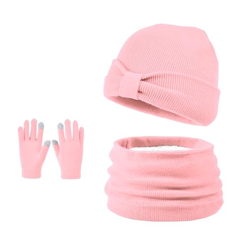 Enwokran 3 Stück Kinder Wintermützen Handschuhe Schal Set Beanie Mütze Knoten-Bogen Warme Gestrickte Touchscreen-Handschuhe Loop Schlauchschal für Jungen Mädchen 3-8 Jahre Outdoor Aktivitäten (Rosa) von Enwokran