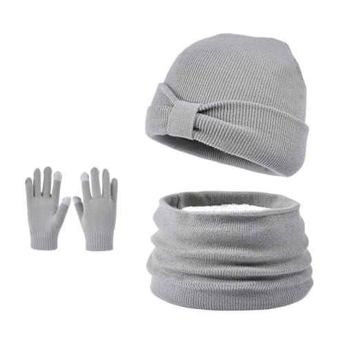 Enwokran 3 Stück Kinder Wintermützen Handschuhe Schal Set Beanie Mütze Knoten-Bogen Warme Gestrickte Touchscreen-Handschuhe Loop Schlauchschal für Jungen Mädchen 3-8 Jahre Outdoor Aktivitäten (Grau) von Enwokran