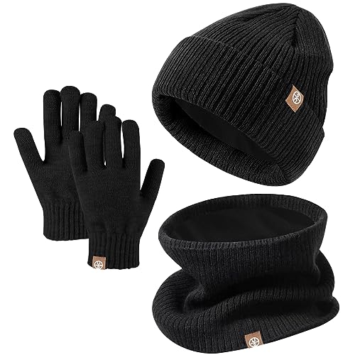 Enwokran 3 Stück Kinder Wintermützen Handschuhe Schal Set Beanie Mütze Warme Gestrickte Touchscreen-Handschuhe Loop WinterSchlauchschal für Jungen Mädchen 5-12 Jahre Outdoor Aktivitäten (Schwarz) von Enwokran