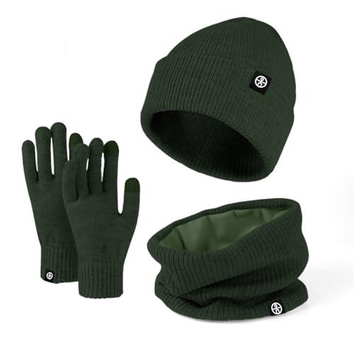 Enwokran 3 Stück Wintermütze Mütze Handschuhe Schal Set Thermo Strickmütze Elastischer Weiches Fleece Gebürstetes Innenfutter Schal Touchscreen Handschuhe Set für Kaltes Wetter (Armeegrün) von Enwokran