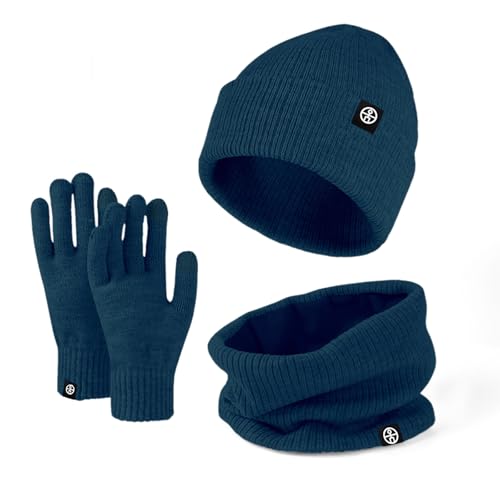 Enwokran 3 Stück Wintermütze Mütze Handschuhe Schal Set Thermo Strickmütze Elastischer Weiches Fleece Gebürstetes Innenfutter Schal Touchscreen Handschuhe Set für Kaltes Wetter (Blau) von Enwokran