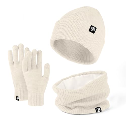 Enwokran 3 Stück Wintermütze Mütze Handschuhe Schal Set Thermo Strickmütze Elastischer Weiches Fleece Gebürstetes Innenfutter Schal Touchscreen Handschuhe Set für Kaltes Wetter (Cremefarben) von Enwokran