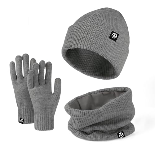 Enwokran 3 Stück Wintermütze Mütze Handschuhe Schal Set Thermo Strickmütze Elastischer Weiches Fleece Gebürstetes Innenfutter Schal Touchscreen Handschuhe Set für Kaltes Wetter (Dunkelgrau) von Enwokran